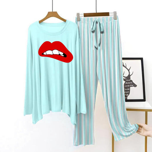 Sky blue flapper style lining pajama red lips