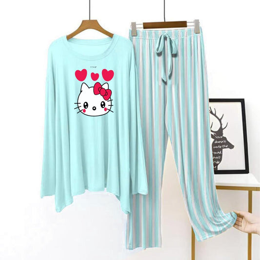 Sky blue flapper style lining pajama kitty love