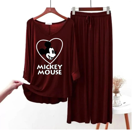 Maroon v neck flapper style full sleeve mickey mouse